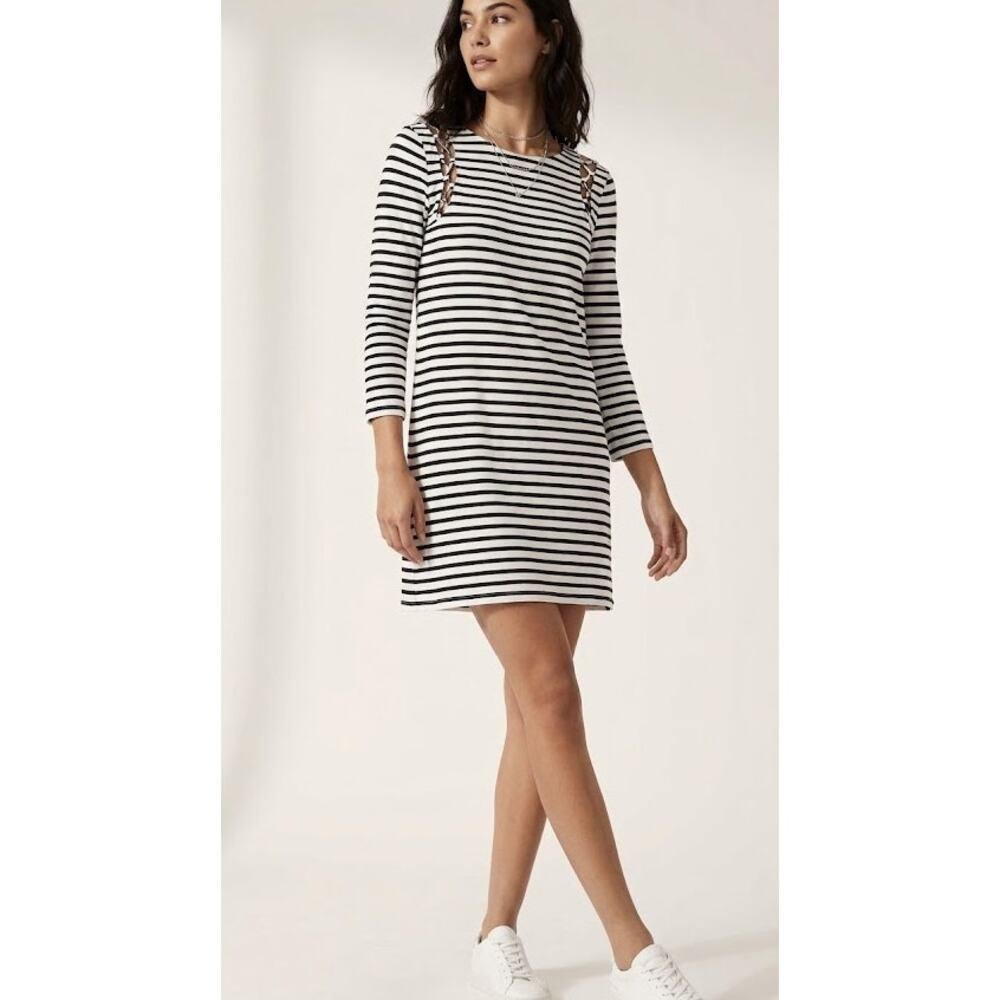 ALC White & Black Striped Mini Dress Shoulder Cut Out Details Womens M Tunic